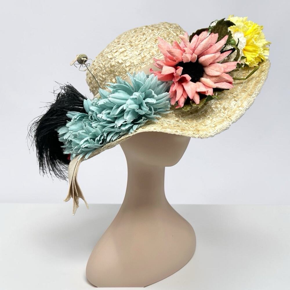 Vintage Union Made Floral Straw Hat Wide Brim Derby Garden Party 1970s
